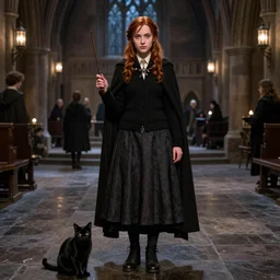 katniss everdeen as a witch, black wool sweater, cloak, skirt, holding wand, black cat at her feet, hogwarts great hall