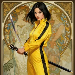 uma thurman in kill bill, rococo and art nouveau fusion, reflective katana, yellow jumpsuit with black stripe, highly detailed, deep focus, elegant, digital painting, smooth, sharp focus, illustration, ultra realistic, japanese art by artgerm and alphonse mucha