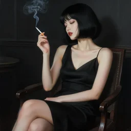Elegant woman in black dress and black bob hair, smoking a cigarette, sitting in dark room, smoke, smooth, sharp focus, by Akihiko Yoshida, Greg Tocchini, Greg Rutkowski, Cliff Chiang, 4k resolution, digital painting, small chromatic aberration