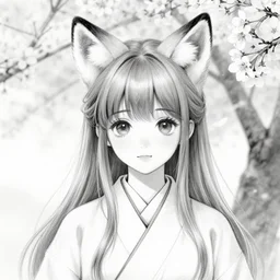 an sketch art of a cute girl with fox ears wearing kimono at a sakura tree by asia ladowska, 8 k resolution, black and white, oc commission, face sketch, pencil sketch, high quality, highly detailed, long hair, illustration, pinterest