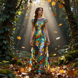 portrait of a woman wearing a dress of stained glass , autumn leaves falling, dramatic volumetric lighting, god rays, global illumination, soft, sharp focus, sci-fi, ivy, moss, trending on artstation, concept art by Greg Rutkowski and alphonse mucha and Jennifer Wuestling