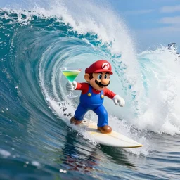 mario holding a big fancy martini while he surfs inside the tube of a very large wave. the wave is about to collapse. highly detailed