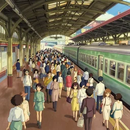 A crowded old train station, by Dice Tsutsumi, Makoto Shinkai, Studio Ghibli