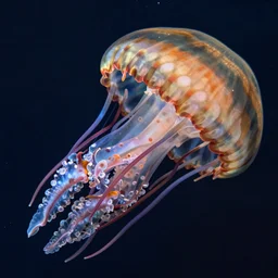 A photogram from The First Video of an Extremely Rare Jellyfish Captures Its Striped Tentacles and Spotted, Pulsing Body, colorfull, HDR, Hyper detailed