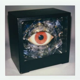 the omnious black box with the scarlet all-seing eye, painting by max ernst, glassy reflections, nacre texture, pinhole photography, 80s polaroid, nostalgic
