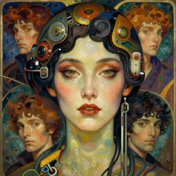 realistic detailed face portrait of adult Goddess of cyberpunk Psychedelics by Alphonse Mucha, Ayami Kojima, Amano, Charlie Bowater, Karol Bak, Greg Hildebrandt, Jean Delville, and Mark Brooks, Art Nouveau, cyberpunk!, mechanical accents!, rich deep moody colors