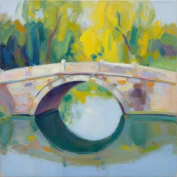 acrylic painting, impressionism and expressionism, bold colors, expressive brushstrokes. a stone bridge over a river in riverwood, skyrim. raining. overcast. fantasy art by wadim kashin, cgsociety, nature art