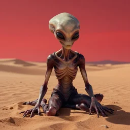 a portrait of a very scary alien in the desert, looking tired, sand, desert, beautiful colors, red sky, by greg rutkowski, trending on artstation