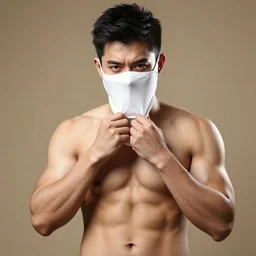 a portrait of an handsome 3 0 years old muscular man with bisceps taking off his mask to reveal his true self, beautiful background