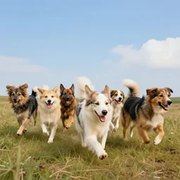 a group of love dogs running on the plateau, kinds of colors, sunshine, photo realistic, highly detailed, trending on artstation, artwork by boris vallejo
