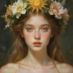 perfectly feminine face!! full body portrait of young fairy earth goddess blessed by nature, floral sunlight crown, light brown hair, symmetrical! intricate, sensual features, dewy skin, reflective skin, highly detailed, digital painting, artstation, concept art, smooth, sharp focus, soft lighting, illustration, art by artgerm and greg rutkowski and alphonse mucha