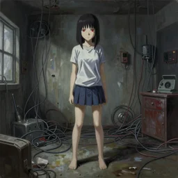 oil painting, yoji shinakawa, studio gainax, girl standing in grimy room filled with wires, silent hill