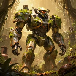 a colossal mech that has died and is being overtaken by moss and vines and rust in a jungle inspired ilm, beeple, star citizen halo, mass effect, starship troopers, elysium, iron smelting pits, high tech industrial, warm saturated colours