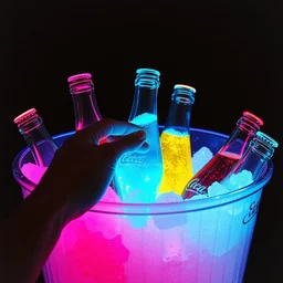 a hand reaching into an ice bucket of coca - cola bottles filled with glowing prismatic dayglo pink blue technicolor liquid by andy warhol and francis picabia