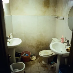 a wide angle 3 5 mm film photography of a dirty cluttered bathroom somewhere in eastern europe, evocating a feeling of unease and claustrophobia