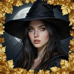 golden leaves at frame border, creative!!! composition for a book cover, moon, beautiful portrait painting by jeremy mann, a female witch absurdly beautiful, ultrafine hyperrealistic detailed face by wlop and artgerm and greg rutkowski, intricate linework, sharp focus, smooth, octopath traveler, final fantasy, unreal engine, dramatic lighting, ethereal, 8 k