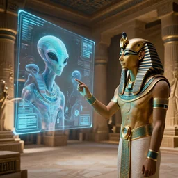 Ancient Egyptian pharaoh in their royal palace communicating with alien creatures on a holographic display. Cinematic, dramatic lighting, high resolution, award winning