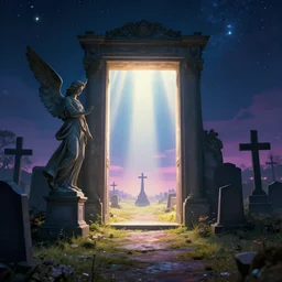 photograph of a portal portal to bright heaven in a graveyard graveyard, angel statue, crosses, cinematic, tyndall effect sunlight god rays coming through the portal, global illumination, hypermaximalist, detailed, landscape 4k, 8k, night scene breathtaking stars, surrealism, distant, concept art, digital art, sharp focus, mystic hues, acid pixie, RTX, octane render, Trending on DeviantArt, by lee madgwick