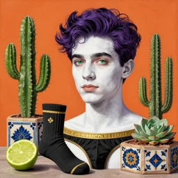 Collage art, Young Spanish man, Art by Joshua Middleton, socks, Rene Magritte, underpants, Morrocan tiles, half a lime, cactus, succulent plants Chalk white skin, deep purple hair, Green eyes, Orange background, Mucha, Portrait of the man, surreal, ,carbon black and antique gold