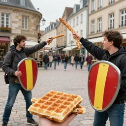 “french people trickshotting people with baguettes while the belgians are defending themselves with shields made of belgium waffles”