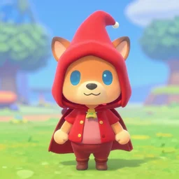 A wizard, red hood, glowing blue eyes, Animal Crossing