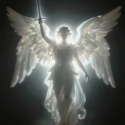 blurry overexposed photo of a brightly glowing silhouette of angel holding a sword