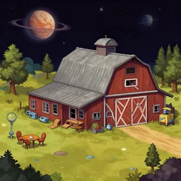 outside a farm house with a barn to the side, on a remote planet, with retro sci fi furniture, from a space themed point and click 2 d graphic adventure game, detailed, set design inspired slightly by hg giger, art inspired by thomas kinkade