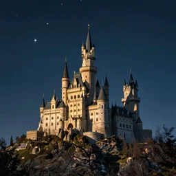 a picture of a fantasy castle, sitting on top a hill, surrounded by the stars, lifelike, ultra realistic, photography, magical