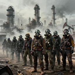 waiting in line for crude oil by simon stalenhag and gil elvgren and tom bagshaw and marc simonetti and jan miense molenaer and arthur adams, dystopian slums, refinery, highly detailed, hyperrealism, smog, high contrast, smogpunk, oilpunk, high saturation, intricate complexity, gas masks