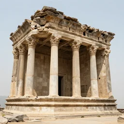 ancient ruined temple, parts of the wall and ceiling broken down, mountain visible in the background, depth of view, wide perspective by greg rutkowski and james gurney