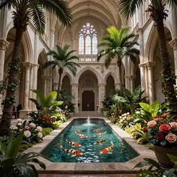 cathedral interior with koi pond in the middle surrounded by palm trees, ivy, flowers, tropical plants, roses, and with archways, rendered in octane render with photorealistic volumetric lighting, cinematic, horizontal symmetry, a flemish baroque by thomas cole, unsplash, sanctuary, unsplash contest winner, maximalism, sanctuary