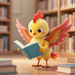 a cute adorable phoenix fledgling learning to read in a library #Render