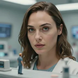 beautiful hyperrealism three point perspective film still of gal gadot medical bay scene in aliens, extreme closeup portrait in style of frontiers in porcelain miniature photography fashion edition, miniature porcelain portrait, eye contact, tilt shift style scene background, soft lighting, kodak portra 4 0 0, 8 k, macro, cinematic style by emmanuel lubezki
