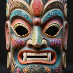 close - up symmetrical tiki mask with eyes, colorful, psychedelic, patterns, fine mandelbrot fractal lace, 1 5 0 mm, soft rim light, elegant, hyper real, ultra detailed, octane render, hg giger, 1 6 k
