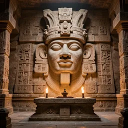 a mayan temple interior with symmetric recogniseable giant face portrait of a mayan god-emperor in the center Carved in stone relief style behind an ancient altair of sacrafice. 3d render. Realistic. Well Detailed. Torch light. Omnious, intricate.
