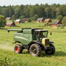 1920's farming village in the countryside bordering a forest with bipedal combine harvesters assisting the farmers, painted by Jakub Rozalski