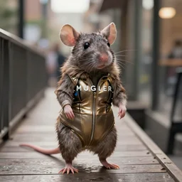 anthropomorphic rat on a catwalk wearing a mugler bodysuit