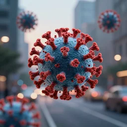 high definition image of an airborne virus. swirling through the city street air at dusk. both mesmerizing and threatening. photorealistic