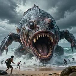photo detail of the face of a gigantic ultra-detailed  scary monster that looks like an angler-fish with extremities  like crocodile ,wet and slimy with a very large mouth,  is coming out of the sea on a beach, there are people fleeing in terror, photo-realistic, stormy sky, photo by national geographic