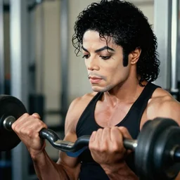 close up mid shot!! real photograph, very muscular michael jackson pumping iron, photograph, color vintage