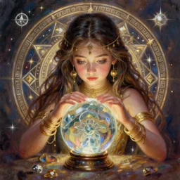 a portrait of girl fortuneteller, crystal ball, gold bracelets, gold necklace, magic circle, silver magic, fantasy, dungeons and dragons, an ultrafine detailed painting, chibi, detailed painting, boris valejo. octopath traveler decal!!!