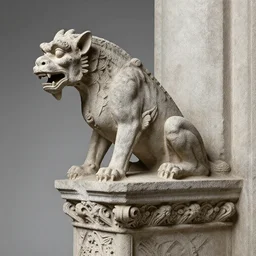 ortographic view of a stone sculpture of a gargoyle sitting on a pedestal with intricate carvings and fine detail