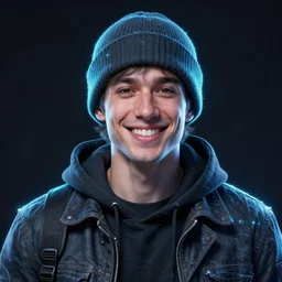 portrait of a smiling ai artist, detailed clothing, beanie, concept art, artstation, detailed luminescent digital painting by alan lee and artgerm, exquisite masterpiece