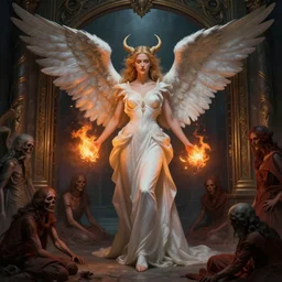 a beautiful angelic woman standing at the entrance gate of hell and spitting fire balls, lost souls in front of her, fantasy art, art by greg rutkowski and artgerm, amazing detail, hd, illustration, epic, intricate, elegant, artstation, concept art, smooth, sharp focus, cinematic, detailed face