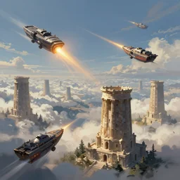 flying ships in a sky war over the greek towers in the clouds, epic battle, digital painting, trending on artstation
