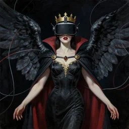 Illustrated by Shepard Fairey and H.R. Geiger | a renaissance style portrait painting of raven winged female vampire with VR helmet , wearing a crown and cape, , surrounded by cables, dark background