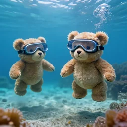 Anthropomorphic teddy bears with goggles swimming underwater near the ocean floor, 4k, award winning photo, highly detailed