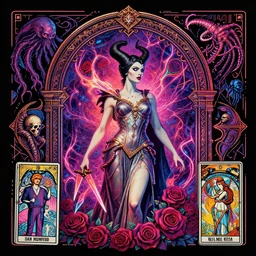side portrait athena goddess gothic varga elvira blade runner megan fox maleficent roses medusa, wicca, ornate arch, energy, cthulhu, kraken, skulls, futurepunk, glamour pose, moebius, gta v, dan mumford, mucha, nagel, tarot card, d & d, neon art deco, black paper, vibrant, greg rutkowski,