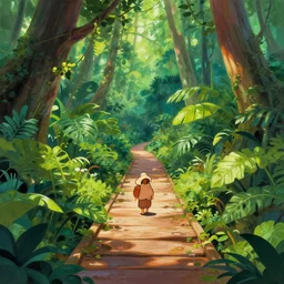 deep jungle walkway, cute, illustration, digital art, inspired by disney, by anime, sharp, gouache painting masterpiece, highly detailed, photorealistic, octane render, 8 k, unreal engine 5, trending on artstation, vivid colors -