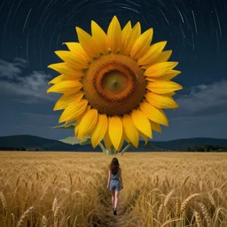 giant sunflower face, girl walking in wheat field, hills, surreal photography, dark night, star trails, dramatic light, impressionist painting, clouds, digital painting, artstation, simon stalenhag